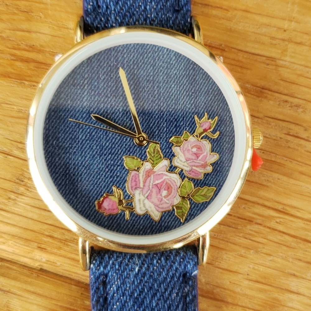 Denim watch floral face gold hardware